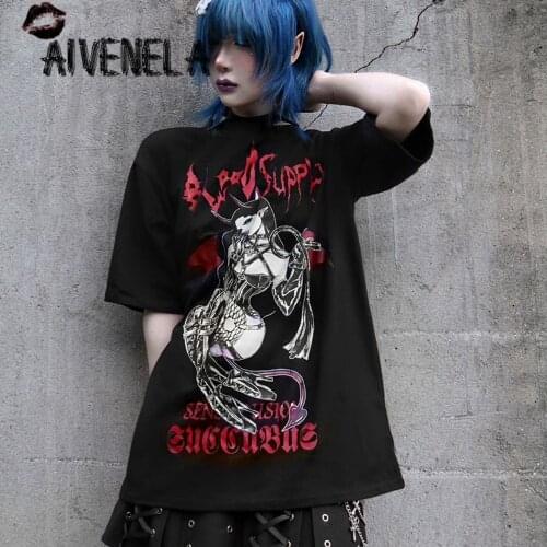 Harajuku Gothic Girls Women Loose T-shirt Punk Girl Short Sleeve Halloween Tops T-shirts AFC1090