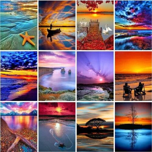 HUACAN Diamond Painting Full Drill Square Landscape 5D DIY Diamond Embroidery Seaside Sunset Picture Of Rhinestone Sunrise