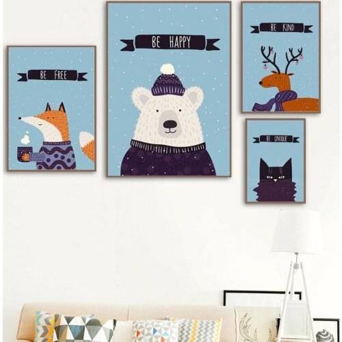 Fox Bear Elk Black Cat Snow Wool Sweater Wall Art Canvas Painting Nordic Posters And Prints Wall Pictures Kids Kawaii Room Decor