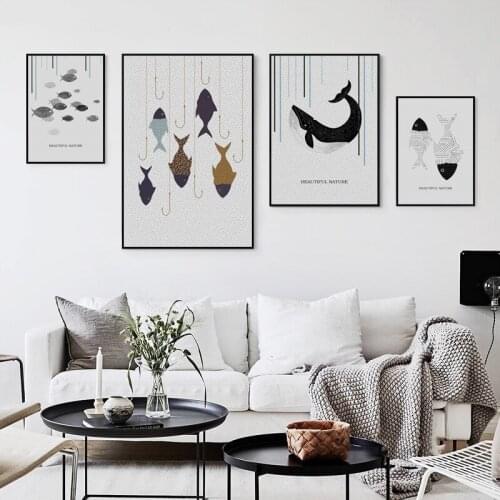 Nordic Style Canvas Painting Printed Home Decoration Abstract Point Line Fish Whale Wall Artwork Modular Pictures Poster Bedroom