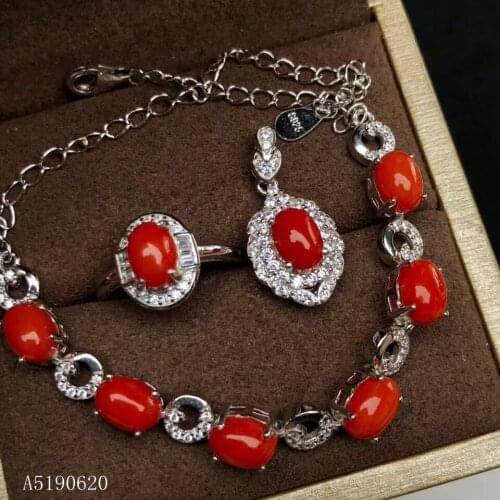 KJJEAXCMY Fine Jewelry 925 sterling silver inlaid natural red coral gemstone female ring necklace pendant bracelet set support d