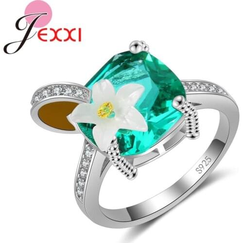 Sweet White Lily Flower Rings Big Square Green Cubic Zirconia 925 Sterling Silver Fingers Jewelry For Women Dance Party
