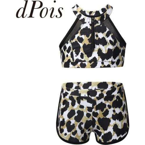 2PCS Swimsuit Kids Girls Tankini Bathing Suit Sleeveless Mesh Splice Zippered Leopard Print Swimwear Set Tops with Swim Bottoms