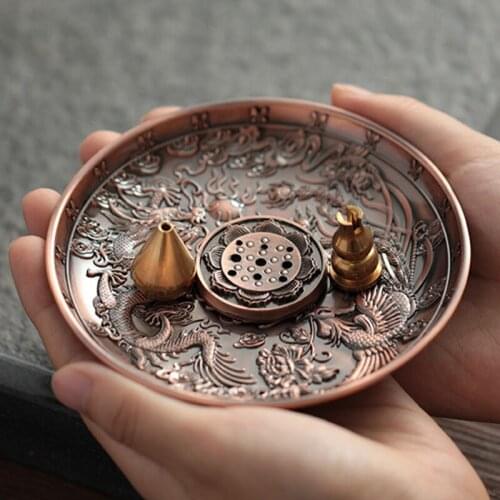 Dragon Phoenix Sanskrit Incense Stick Burner Alloy Buddhist Tribute Meditation Engraving Fire Tray Mandala Smoke Supply Furnace