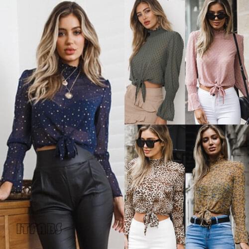 Fashion Women Loose Long Sleeve Chiffon Casual Shirt Tunic Tops Fashion Bandage Turtleneck Tops