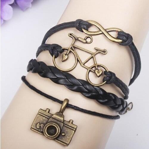 Fashion Braided Charm Leather Bracelet Alloy Tree Wing Bike Infinity Heart Wrap Wristbands Multilayer Retro Vintage Bangle Gift