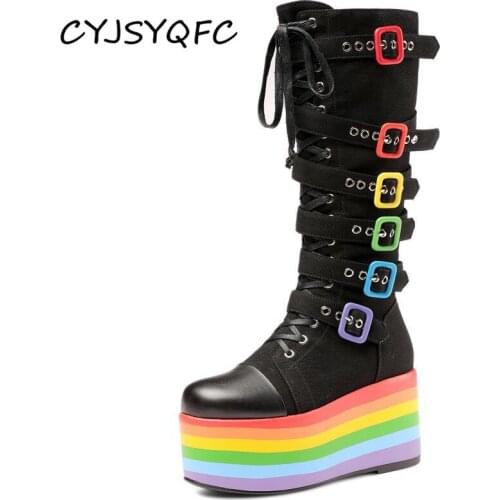 CYJSYQFC New Rainbow Flat Platform Women Mid Calf Boots Buckle Multicolor Thick Bottom Lace Up Botas High Heel Lady Long Boots