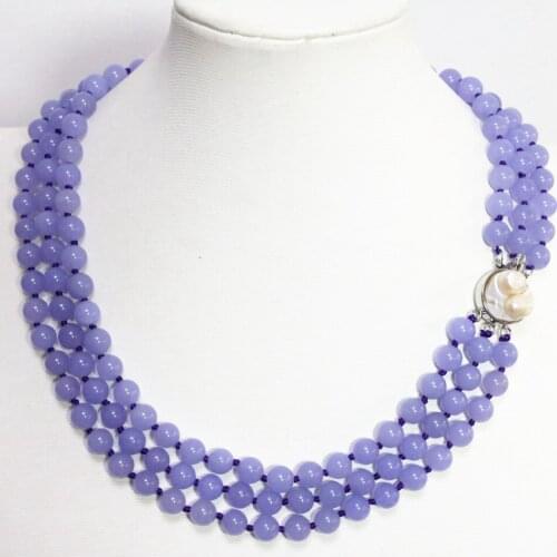 New Fashion 3Row 8mm Purple Violet Chalcedony Jades Stone Round Necklace Natural White Mother Shell Clasp Jewels 17-19inch B1506