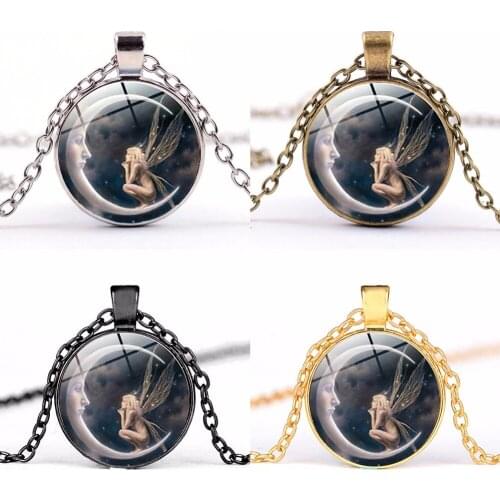 Fairy On the Moon Pendant Necklace Angle In The Moon Photo Cabochon Acrylic Silver Plated Black Rose Gold Chain Necklace