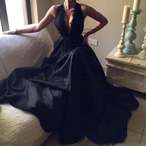 Sexy Charming Black A-line Prom Dresses Deep V Neck Appliques Bead Party Dress Sexy Back Sweep Train Evening Gowns 2020