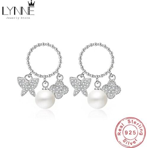 Bohemia Zircon Butterfly Lucky Clover Pearl Drop Earrings 925 Sterling Silver Rhinestone Pendant Round Ear Stud Women Jewelry