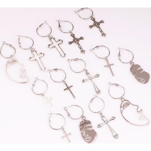 Punk Style Abstract Face Round Earrings Religious Cross Pendant Drop Dangle Earring For Women Ear Pendientes Jewelry