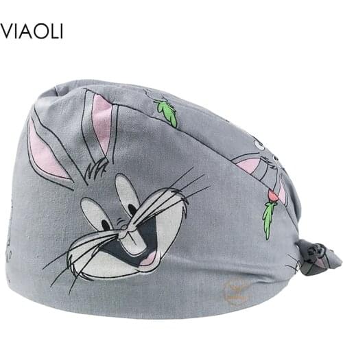VIAOLI-new cartoon printing Love carrot bunny scrub cap Pet Health Service Store scrub hat men scrubs tooth cleaning work hat