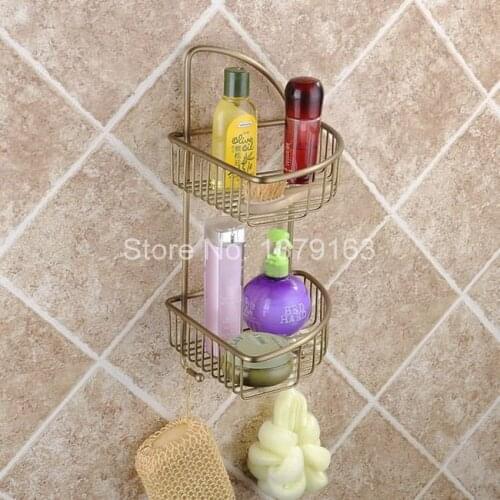 Vintage Retro Antique Brass Wall Mounted Bathroom Accessory Bath Dual Tier Large Corner Shower Storage Basket aba055