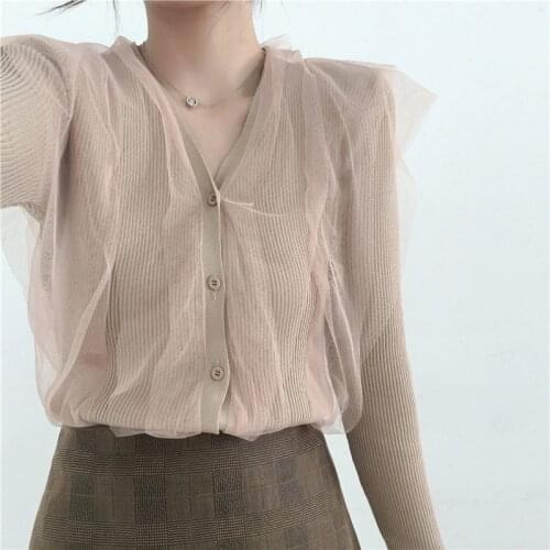 Amolapha Women Mesh Patchwork Knitted Open Stitch Sweaters Woman V Neck Single Breasted Knitting Cardigans Tops