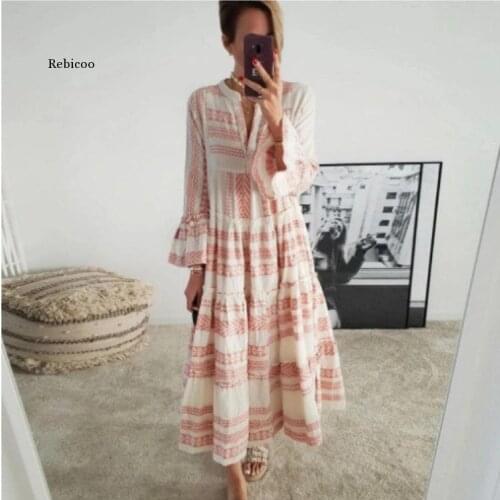 Autumn Women Dresses Summer Casual Loose Ruffle Long Sleeve V Neck Striped Print Bohemain Beach Long Maxi Dresses
