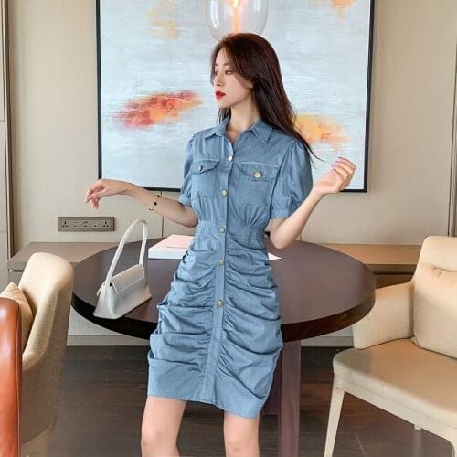 Make spot hubble-bubble sleeve fold cowboy dress female new light ripe summer wind show thin waist skirt
