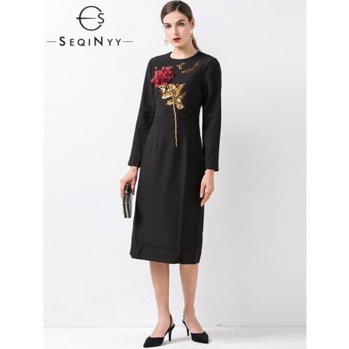SEQINYY Black Dress Runway 2021 Spring Autumn New Fashion Design Women Red Rose Flower Golden Sequined Appliques Bead Slim Dress