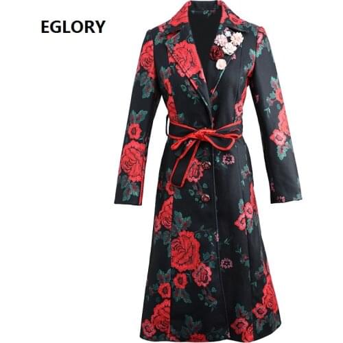2020 Autumn Winter Fashion Wool Long Coats High Quality Women Vintage Flower Print Belted Long Sleeve Casual Woolen Coat Outwear
