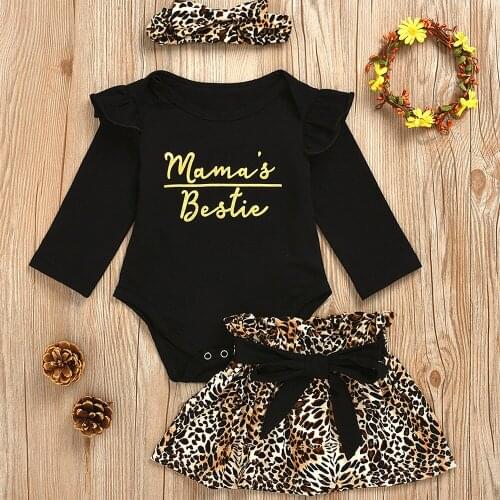 2021New Fashionable Leopard Grain Personality Flounces Long Sleeve Pure Cotton Clothes Baby Letters One-Piece Dress Three Piece