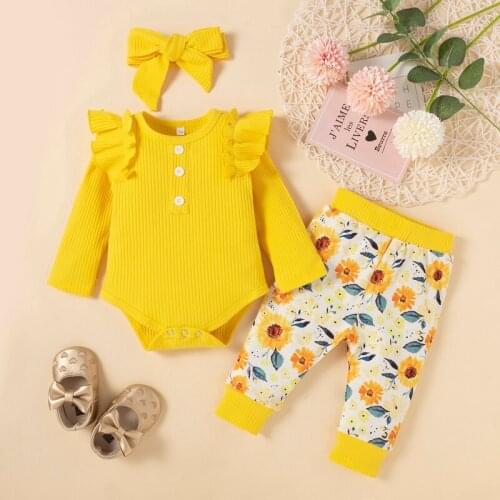 0-18M Newborn Baby Girl Long Sleeve Cotton Bodysuit Tops Floral Long Pant Headband 3PCS Baby Clothing Set