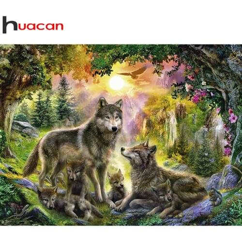 Huacan 5d Diamond Painting Wolf Diamond Art Embroidery Mosaic Animal Natural Sunset Scenery Home Decor