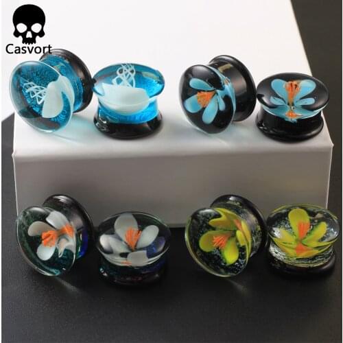 Casvort 2PCS New Simple Style Glass Ear Flower Piercing Plugs Tunnel Body Jewelry Stretchers Earrings Expanders Best Gift Women