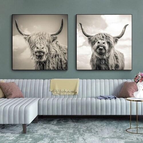 Black and White Highland Cow Cattle Wall Canvas Art Nordic Painting Poster and Print Scandinavian Wall Picture for Living Room