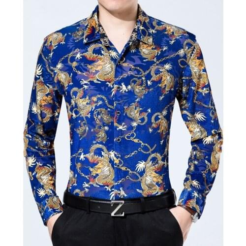Hot sale mens autumn see through gold velvet dress shirt china dragon long sleeve shirt man fashion printing clothes