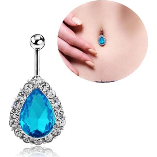 Waterdrop Piercing Jewelry Crystal Rhinestone Belly Button Bar Navel Dangle Ring Surgical Steel 1003