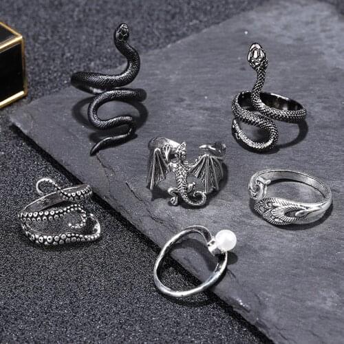 1Pcs European New Retro Animal Rings Punk Exaggerated Spirit Snake Ring Fashion Personality Stereoscopic Opening Adjustable Ring