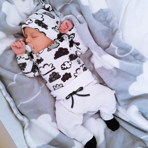 Newborn Baby Boy Clothes Set Cartoon Cloud Letter Cotton Long Sleeve Tops Solid Color Pants Hat Autumn Infant Clothing Outfits