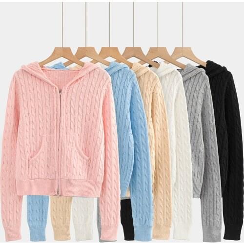 Long sleeve top korean fashion cropped cardigans women knit sweaters zipper up cute cardigan preppy style hooded sweater Autumn