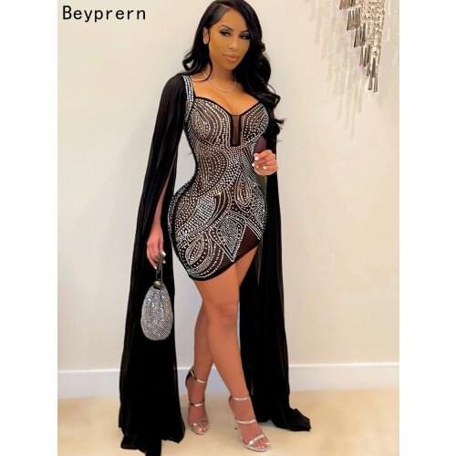 Beyprern Beautiful Flare Cape Sleeve Mesh Crystal Dress Sparkle See Through Sequin Bodycon Party Club Dresses Birthday Outfits