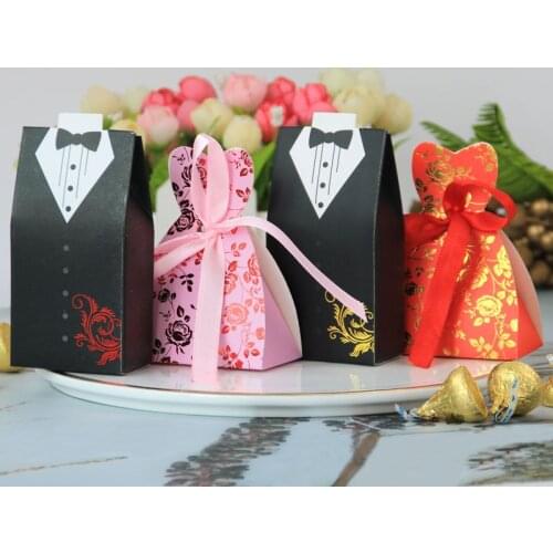 50sets/100pcs Creative Bride Groom Dress Bronzing Gold Suit Wedding Candy Box Favors Gift for Guest Sweet Bag
