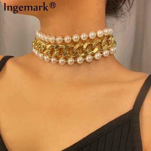 Punk Miami Cuban Chunky Chain Necklace Bridal Collares Statement Multilayer White Imitation Pearl Choker Necklace Women Jewelry