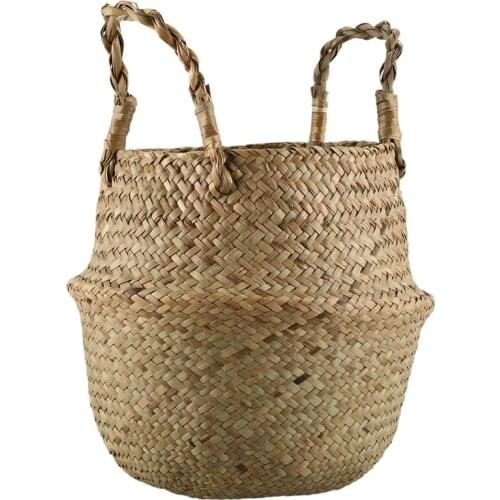 Seagrass Wickerwork Basket Rattan Foldable Hanging Flower Pot Planter Woven Dirty Laundry Hamper Storage Basket Home Decor Size