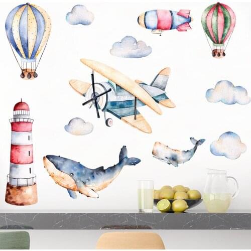 Cartoon Hot Air Balloon Clouds Aircraft Kids Room Bedroom Wall Sticker Dolphin Wall Decal Removable Vinyl Mural Art Wall Posters