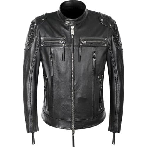BONJEAN Mens Genuine Leather Motorcycle Biker Jacket Slim Stand Collar Zipper Rivet Punk Rock Cowhide Real Leather Coat S-4XL