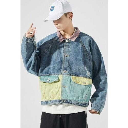 2021 New Arrival Vintage Color Patchwork Single Breasted Mens Denim Jackets Casual Turn-down Collar Outerwear Coats