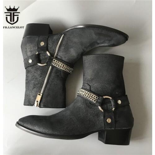 Exclusive High End Luxury wax suede Leather charm Men Waytt wedge Men Denim Boots Pointed Toe real leather Slim Fit rock Boots