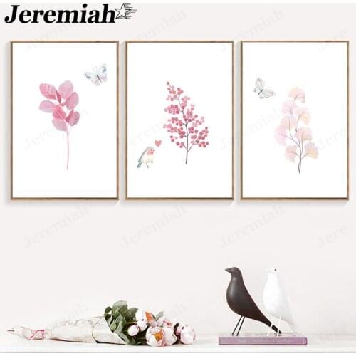 Pink Plant Canvas Poster Bird Flower Butterfly Painting Wall Art Nordic Room Living Room Decoration Wall Picture