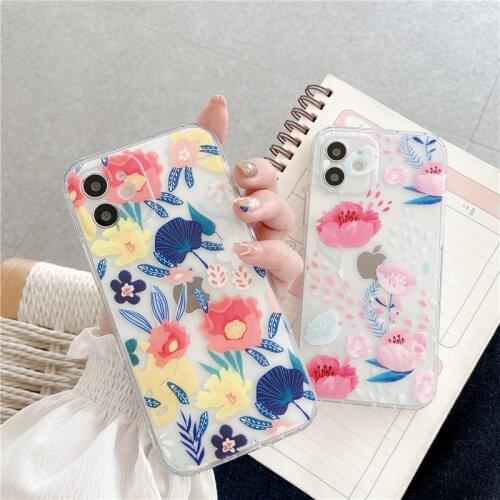 NEW Fashion Oil Painting Flower Pattern Phone Cases for iPhone 12 Cute Girls Clear Covers for iPhone 11/7/8/X/XR/XS/MAX Shell