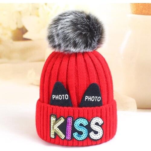 Warm hats for children in autumn and winter 1-3 years old boy and girl baby cute kiss pattern and velvet thick pullover hat fash