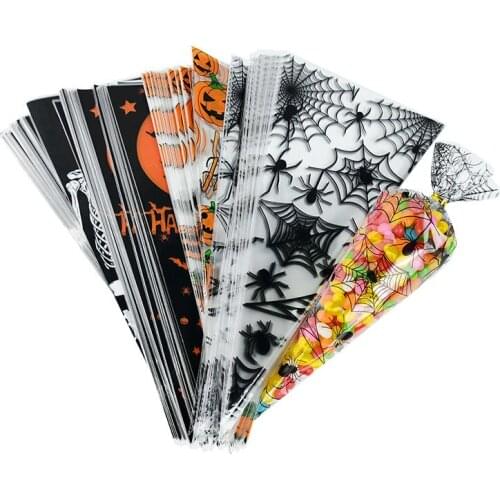 150Pcs Halloween Pumpkin Skull Spiderweb Gift Bag Cone Candy Plastic Packing Bags Without Tie Halloween Home Bar Party Supplies