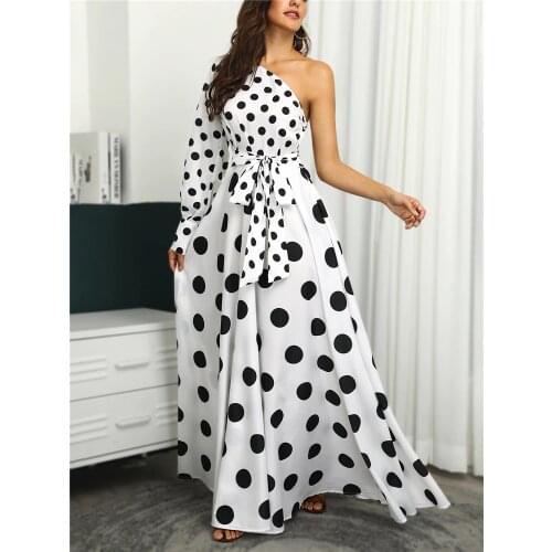High Quality One Shoulder Dots Print Belted Maxi Dress Sexy & Club Fit and Flare Floor-Length Asymmetrical Neck Party Dress
