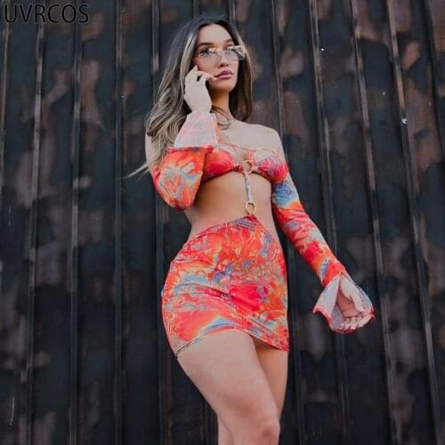 UVRCOS Vintage Print Strap Off Shoulder Hollow Out Sexy Mesh Breathable Flare Sleeve Mini Dresses Summer Resort Wear Womens 2021