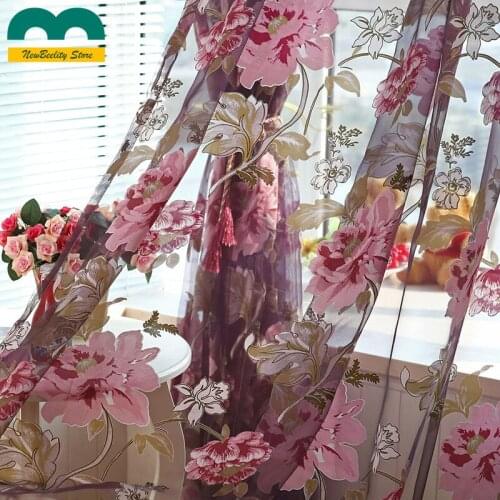 Balconies Tulle Curtains for Living Dining Room Bedroom Pastoral Peony Yarn Purple Window Curtain
