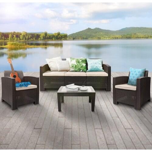 Outdoor Patio Rattan Sofa Sets Wicker Loveseat Sofa + Single Armchairs + Coffee Table + Cushions Leisure Garden Furniture Sets