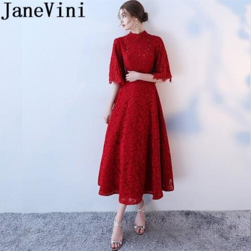 JaneVini 2018 Burgundy Lace Vintage Long Bridesmaid Dresses with Beaded High Neck 1/2 Long Sleeves Ankle Length Prom Party Gowns